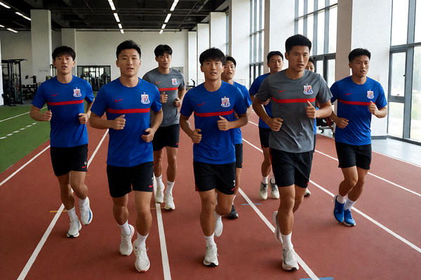 球队在训练基地进行体能训练，球员在跑道上慢跑