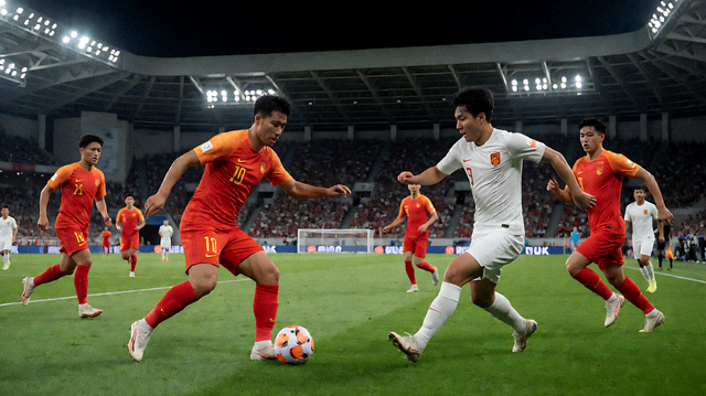 足球赛事现场画面，球场灯光下双方球员正在进行比赛